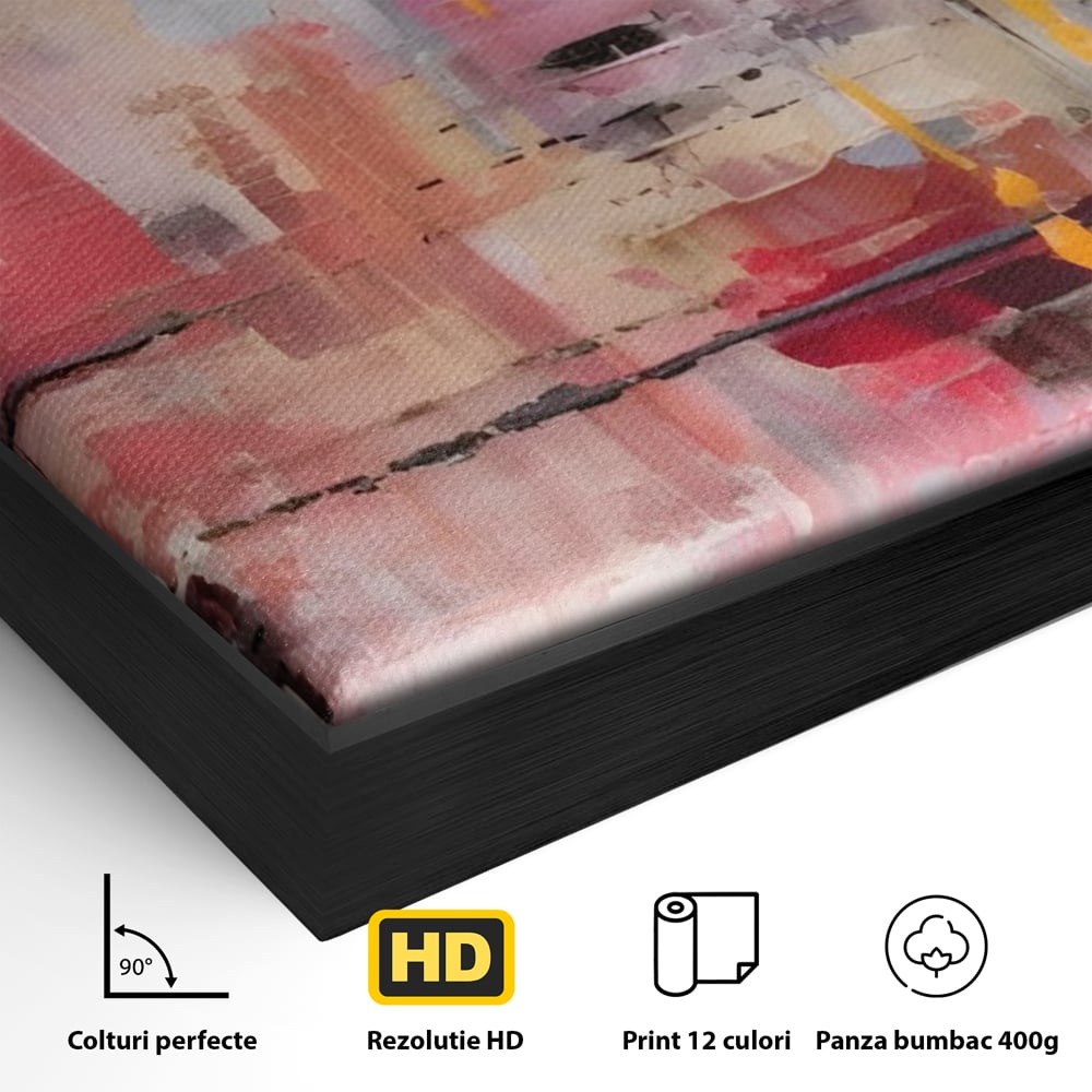 Detaliu al suprafetei: pictura abstracta cu pete de rosu si galben, in rama de aluminiu negru