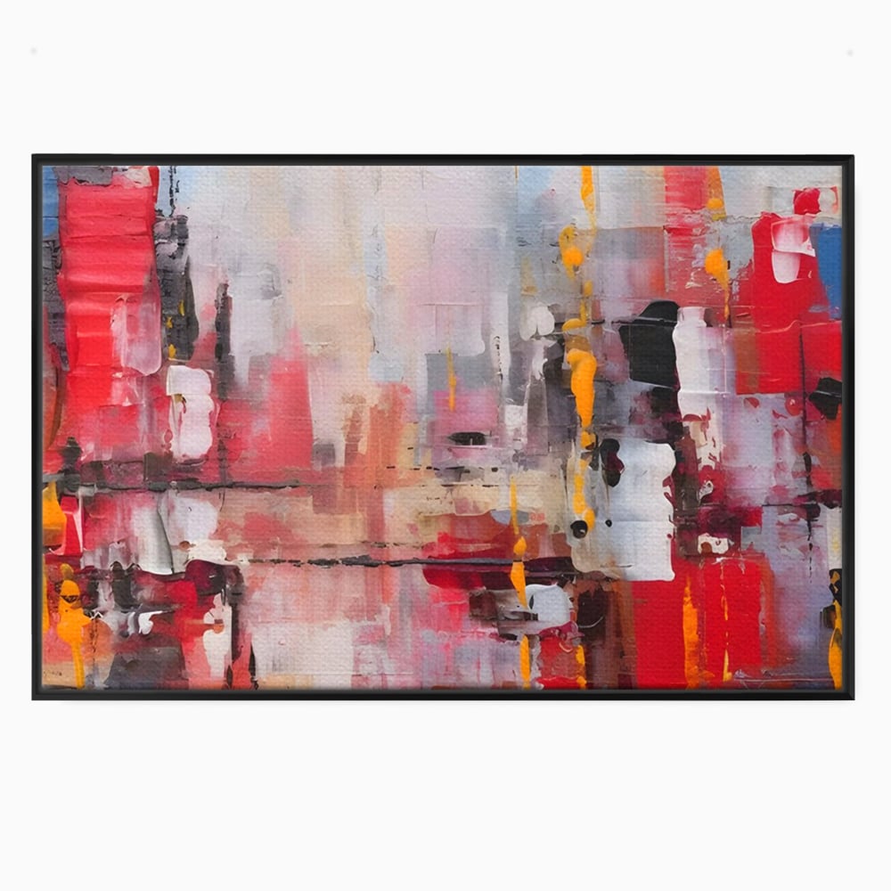 Tablou canvas cu pictura abstracta cu pete de rosu si galben, in rama de aluminiu negru