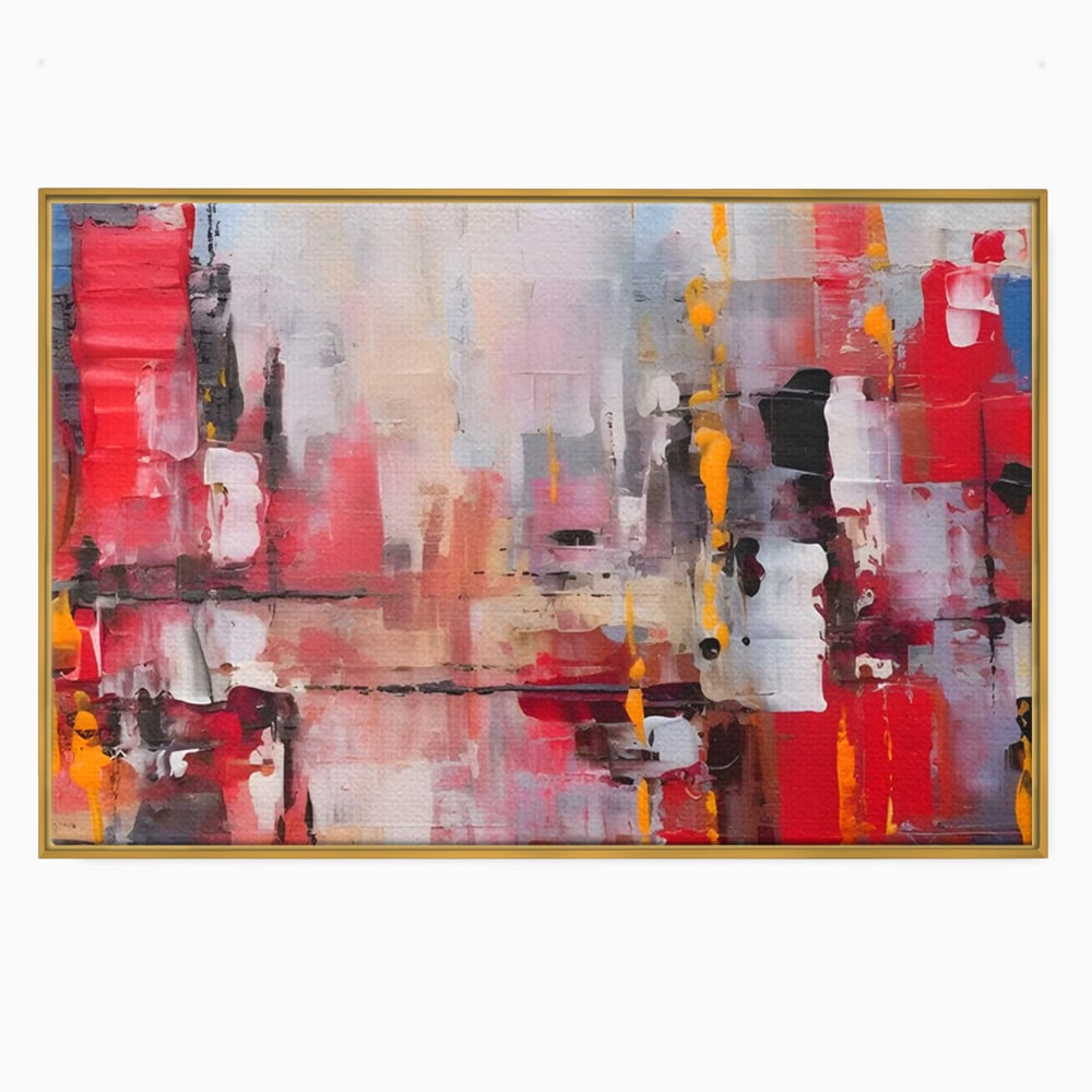Tablou canvas cu pictura abstracta cu pete de rosu si galben, in rama de aluminiu auriu