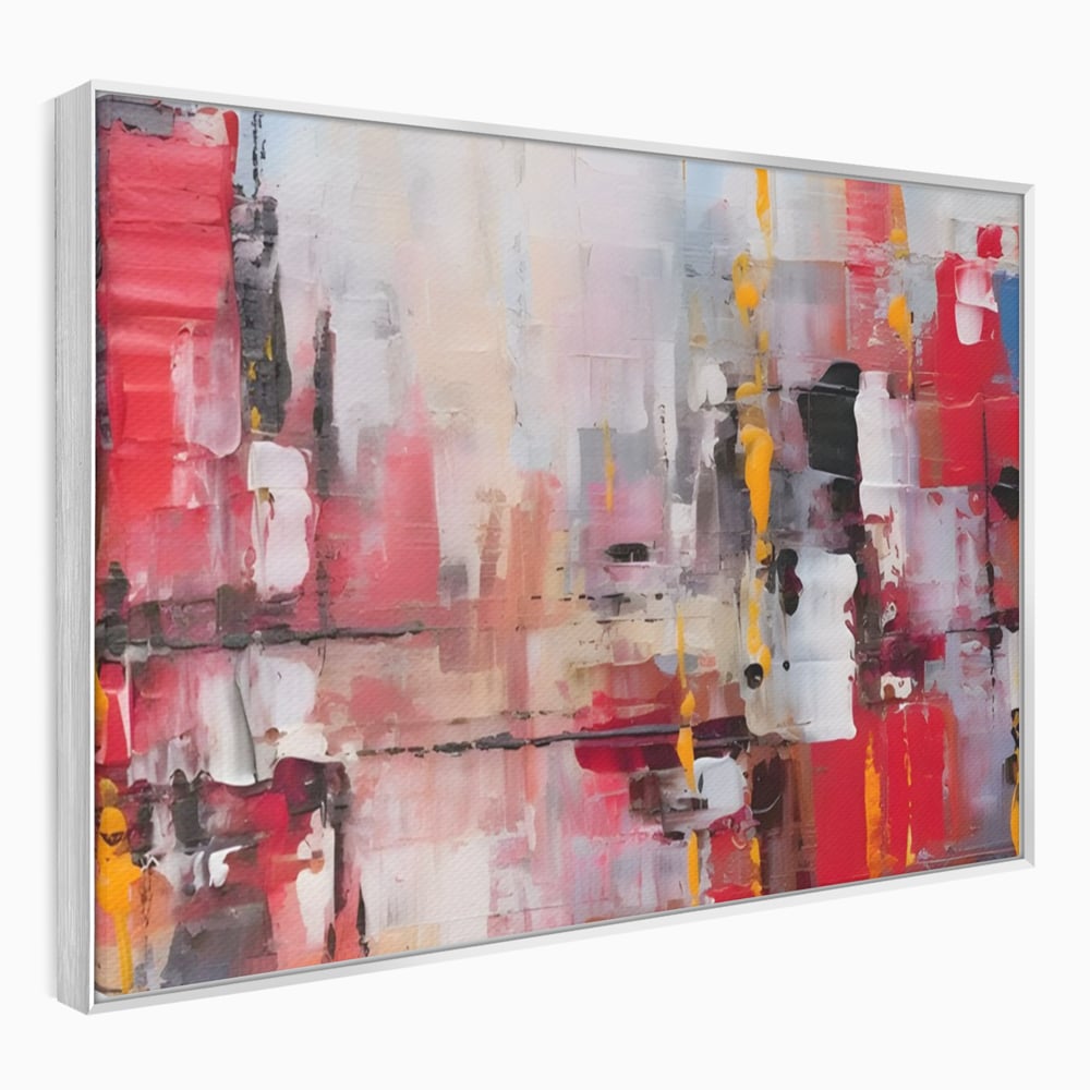 Tablou canvas cu pictura abstracta cu pete de rosu si galben, in rama de aluminiu argintiu