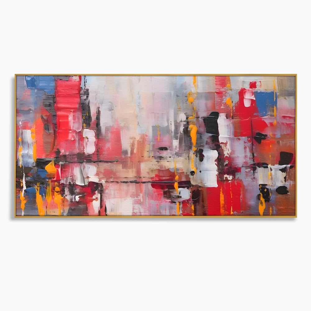 Tablou canvas cu pictura abstracta cu pete de rosu si galben, in rama de aluminiu auriu