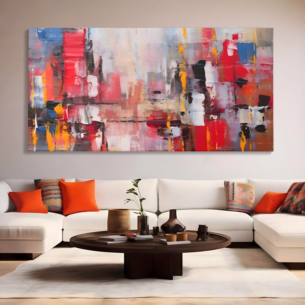 Tablou canvas cu pictura abstracta cu pete de rosu si galben, fara rama, pe sasiu de lemn, pe perete intr-un living