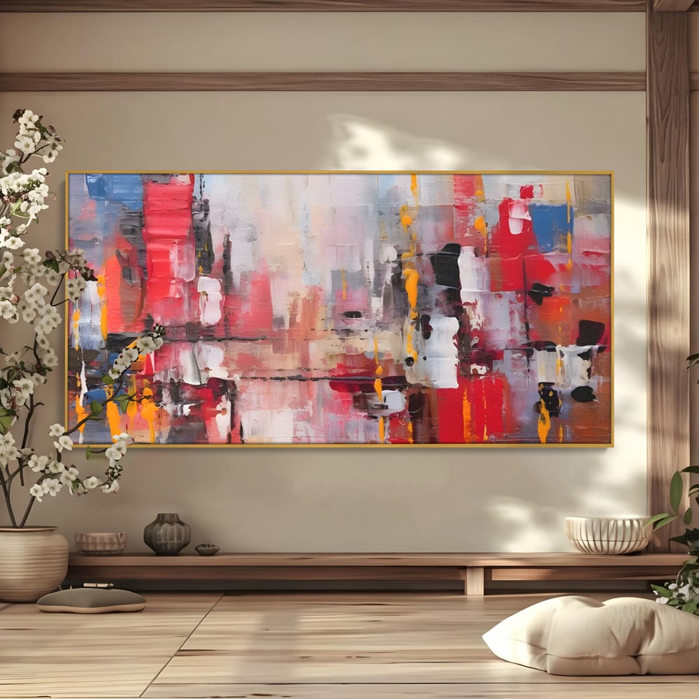Tablou canvas cu pictura abstracta cu pete de rosu si galben, in rama de aluminiu auriu