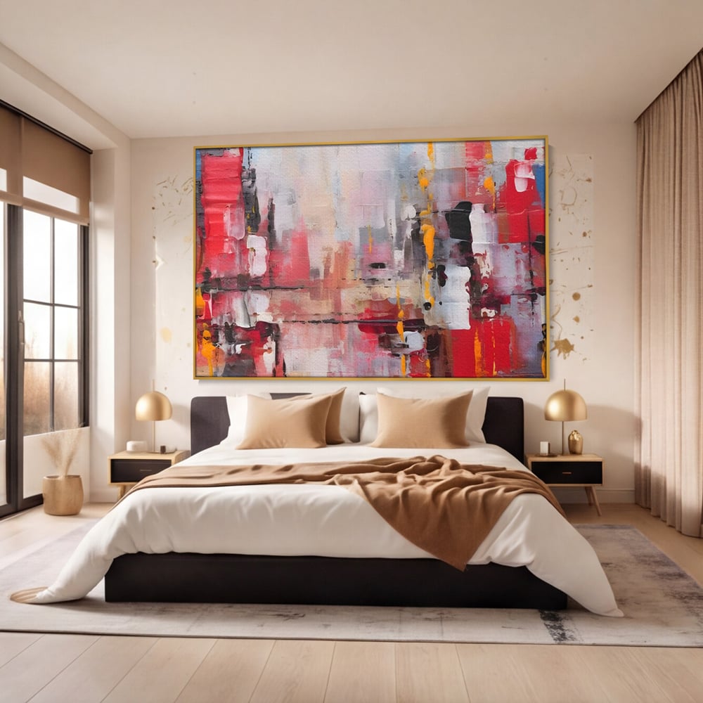Tablou canvas cu pictura abstracta cu pete de rosu si galben, in rama de aluminiu auriu, pe perete intr-un dormitor