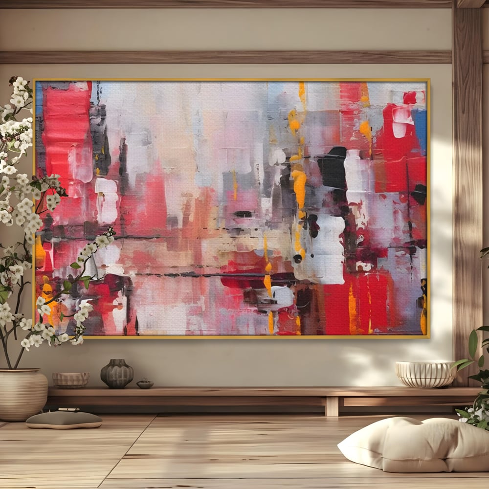 Tablou canvas cu pictura abstracta cu pete de rosu si galben, in rama de aluminiu auriu
