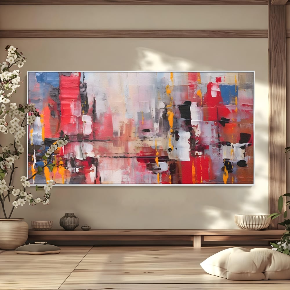 Tablou canvas cu pictura abstracta cu pete de rosu si galben, in rama de aluminiu argintiu