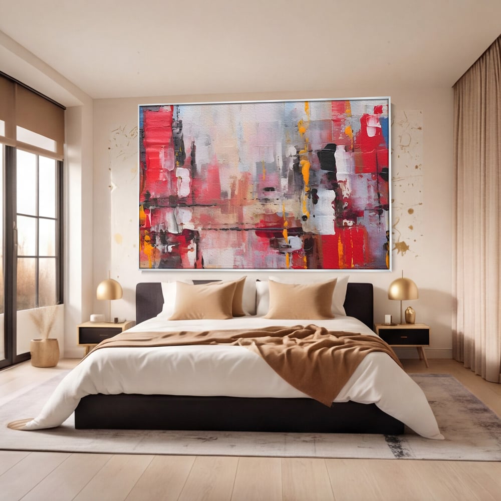 Tablou canvas cu pictura abstracta cu pete de rosu si galben, in rama de aluminiu argintiu, pe perete intr-un dormitor