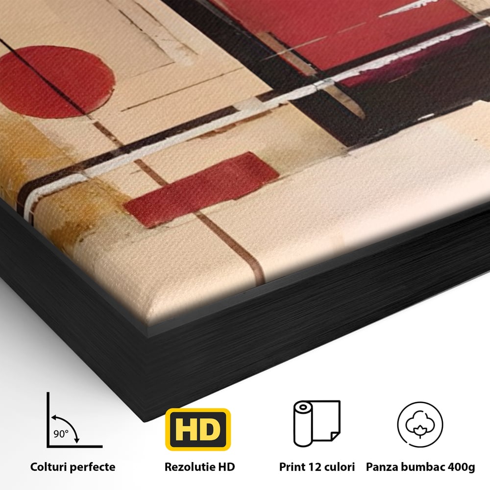 Detaliu al suprafetei: pictura abstracta cu forme geometrice, in rama de aluminiu negru