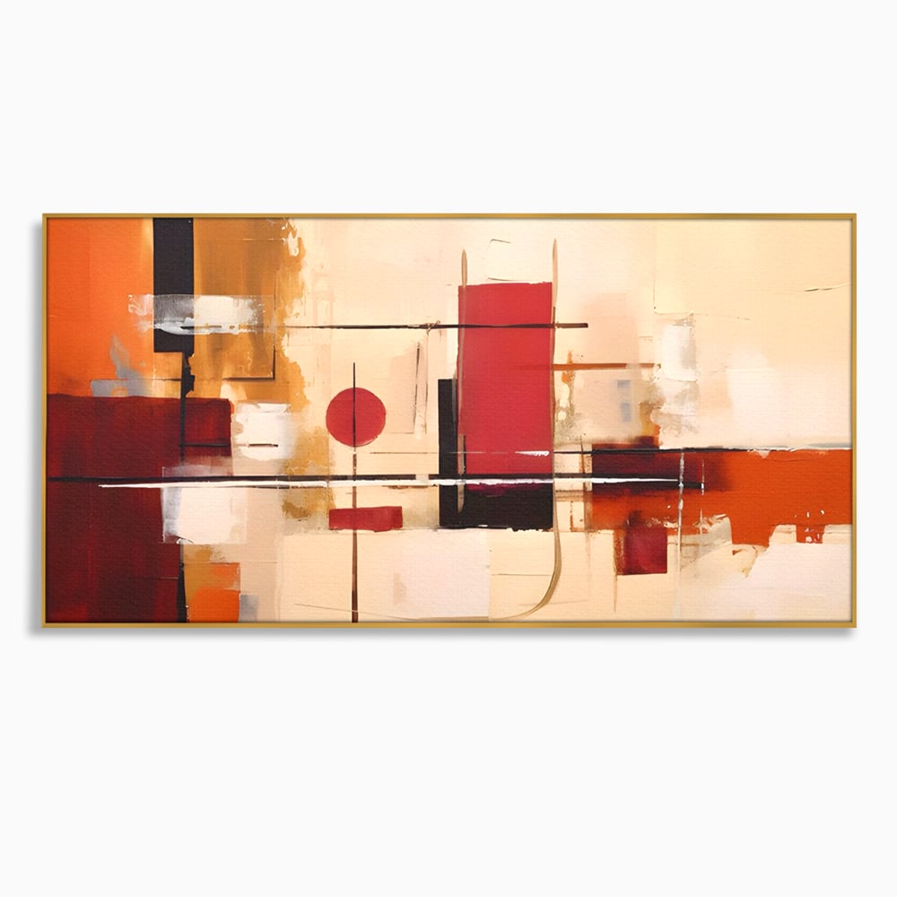 Tablou canvas cu pictura abstracta cu forme geometrice, in rama de aluminiu auriu