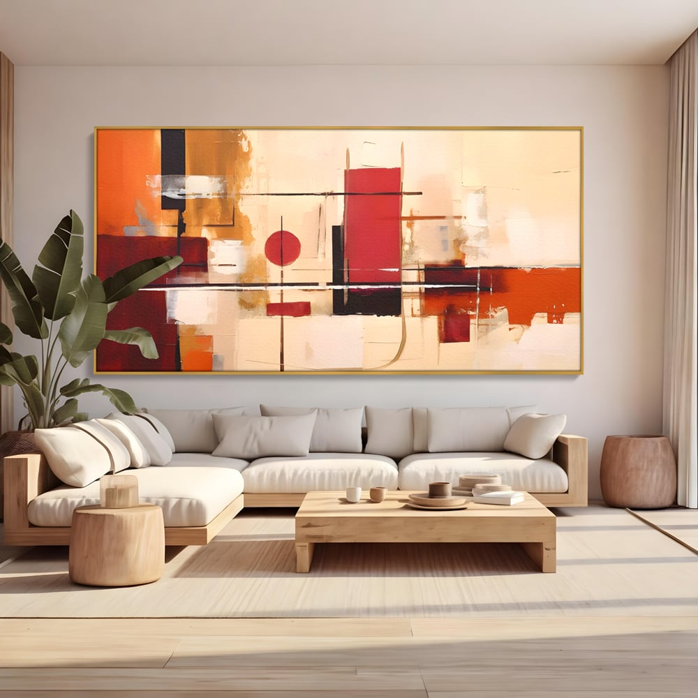 Tablou canvas cu pictura abstracta cu forme geometrice, in rama de aluminiu auriu, pe perete intr-un living