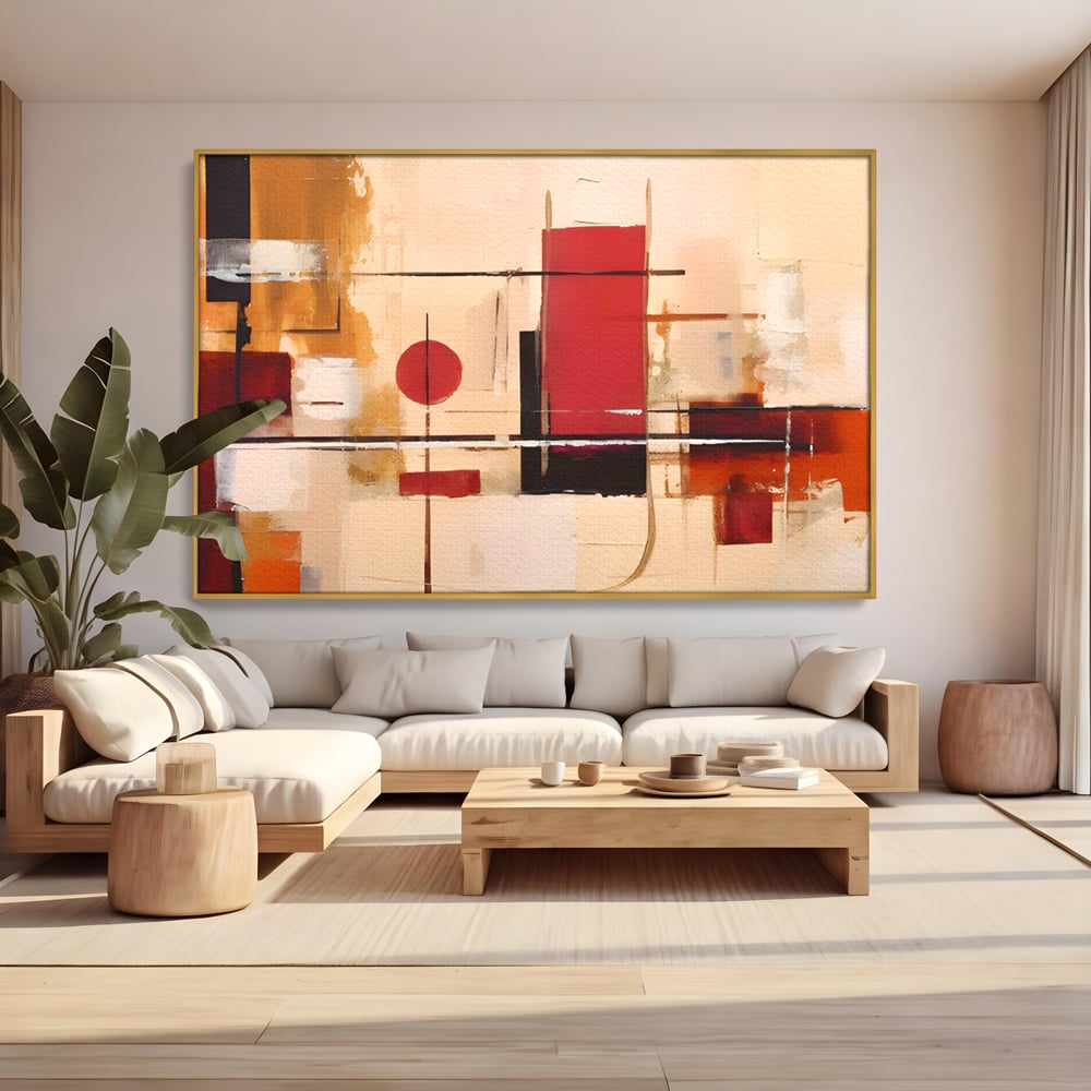 Tablou canvas cu pictura abstracta cu forme geometrice, in rama de aluminiu auriu, pe perete intr-un living