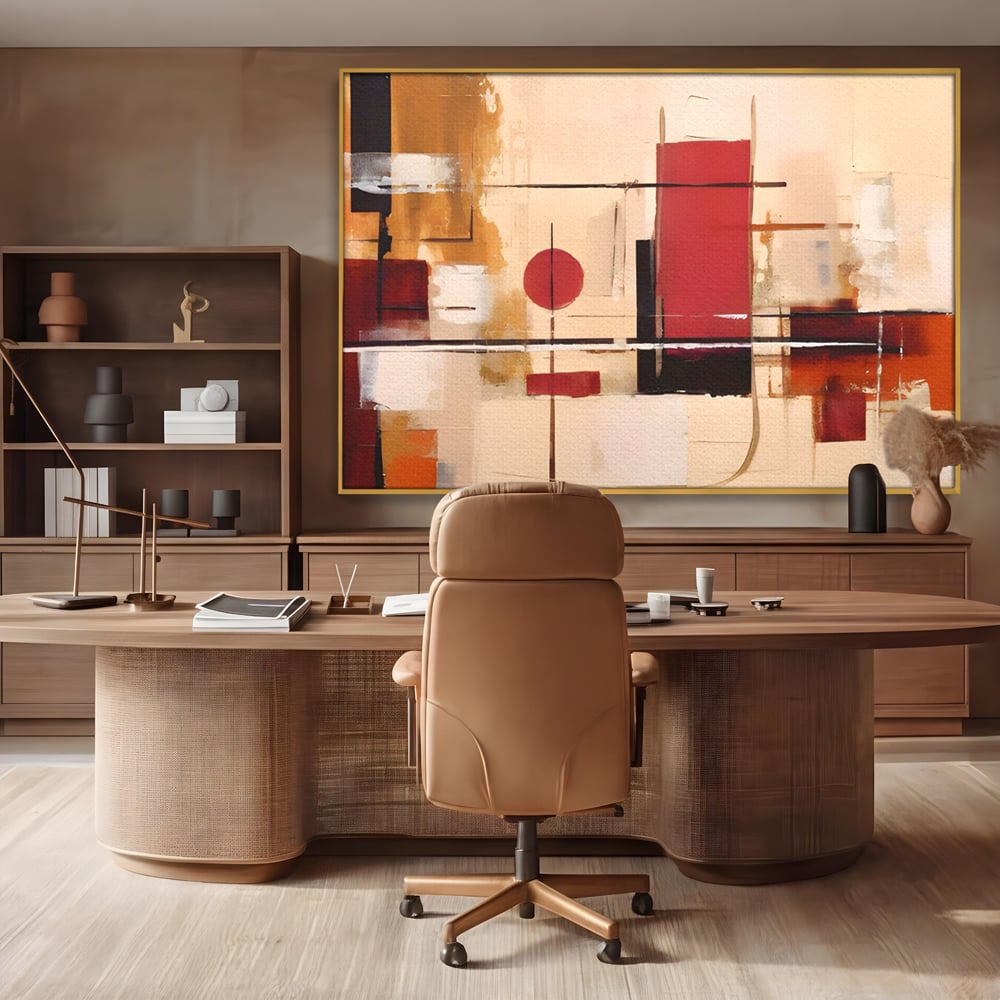 Tablou canvas cu pictura abstracta cu forme geometrice, in rama de aluminiu auriu, pe perete intr-un birou