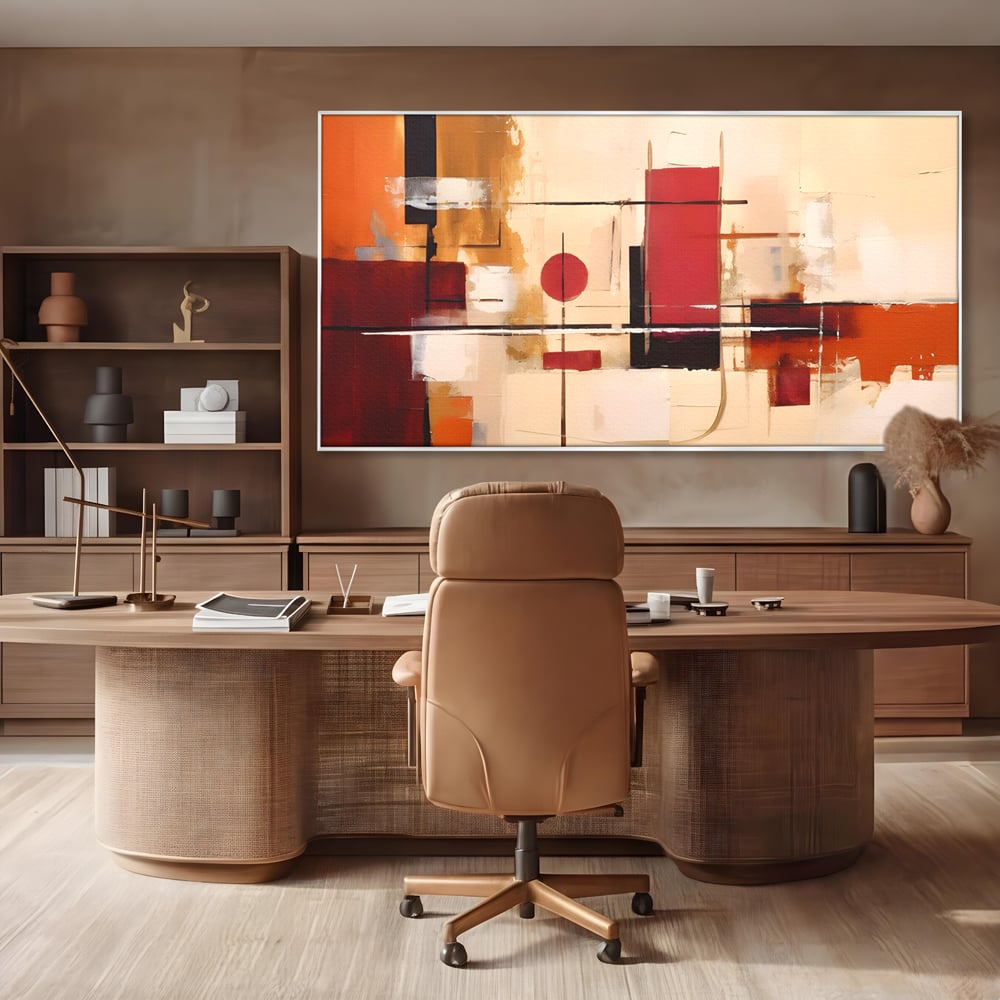 Tablou canvas cu pictura abstracta cu forme geometrice, in rama de aluminiu argintiu, pe perete intr-un birou
