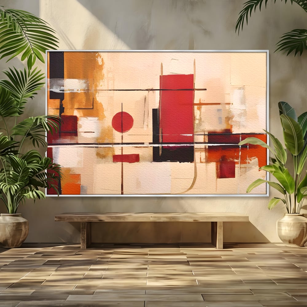 Tablou canvas cu pictura abstracta cu forme geometrice, in rama de aluminiu argintiu