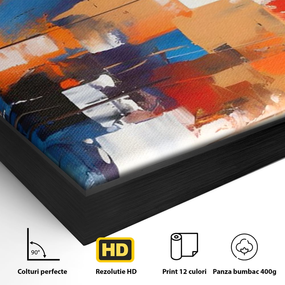 Detaliu al suprafetei: tablou canvas pictura abstracta multicolora, in rama de aluminiu negru
