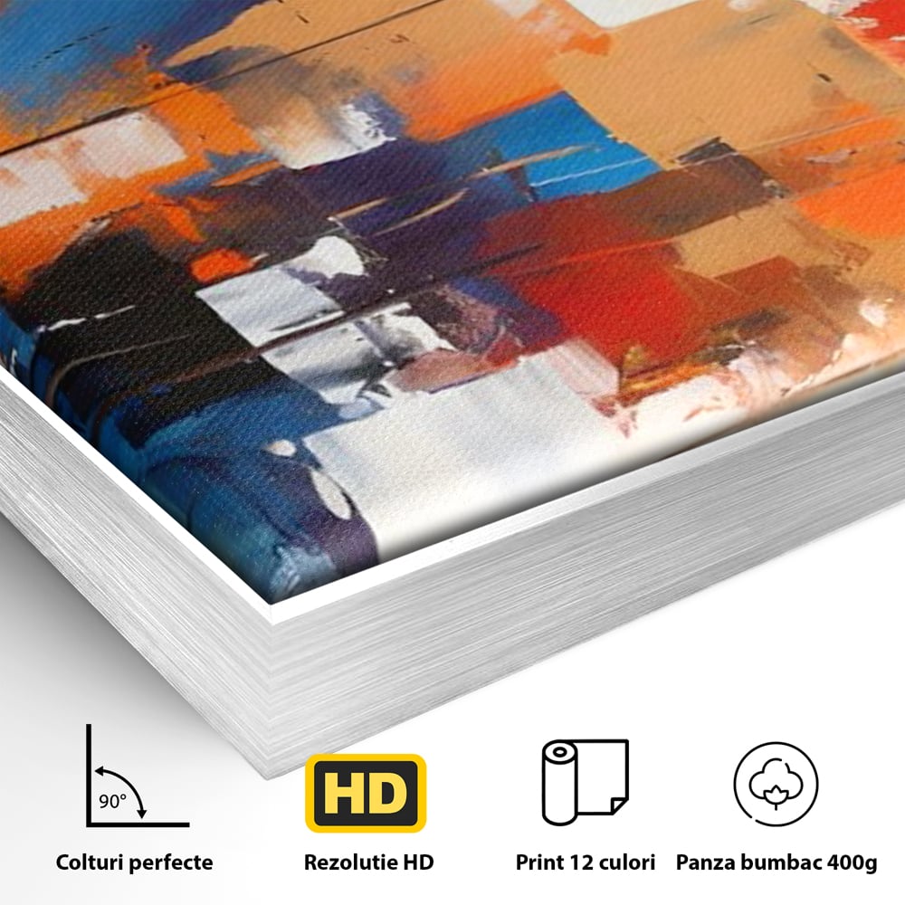 Detaliu al suprafetei: tablou canvas pictura abstracta multicolora, in rama de aluminiu argintiu