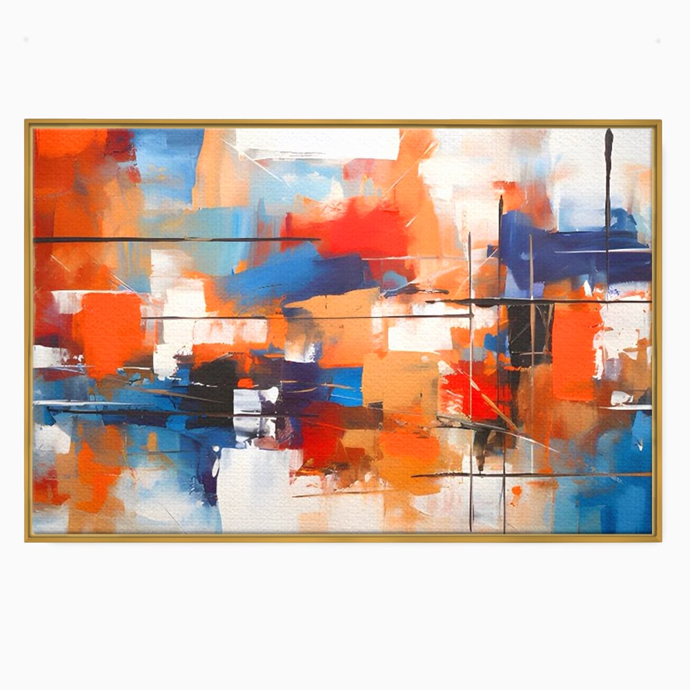Tablou canvas cu tablou canvas pictura abstracta multicolora, in rama de aluminiu auriu