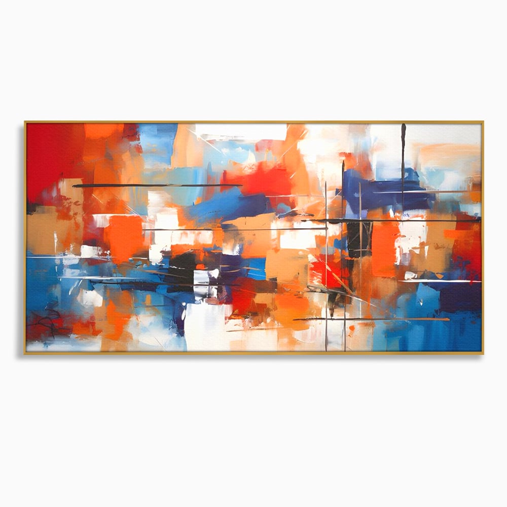 Tablou canvas cu tablou canvas pictura abstracta multicolora, in rama de aluminiu auriu