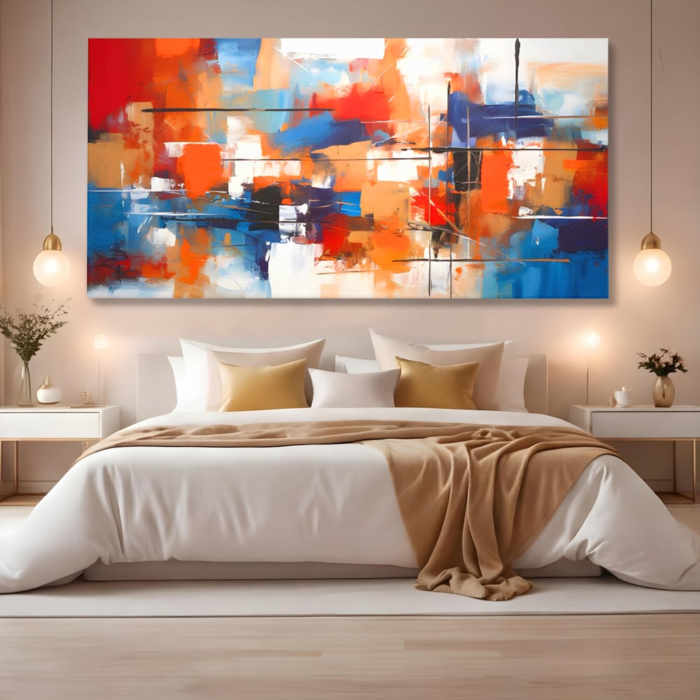 Tablou canvas cu tablou canvas pictura abstracta multicolora, fara rama, pe sasiu de lemn, pe perete intr-un dormitor