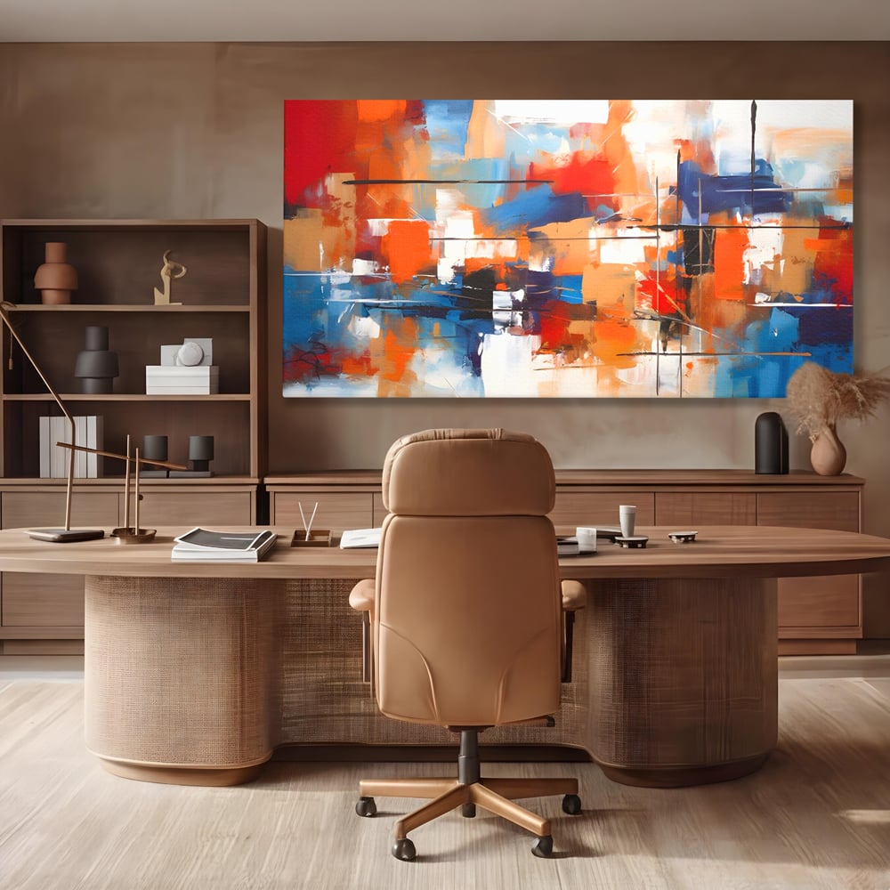 Tablou canvas cu tablou canvas pictura abstracta multicolora, fara rama, pe sasiu de lemn, pe perete intr-un birou