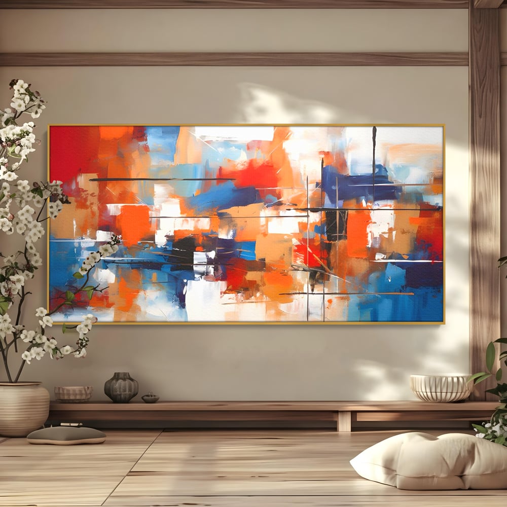 Tablou canvas cu tablou canvas pictura abstracta multicolora, in rama de aluminiu auriu
