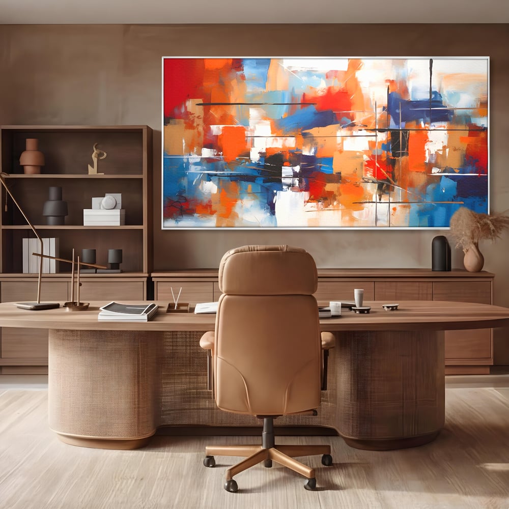 Tablou canvas cu tablou canvas pictura abstracta multicolora, in rama de aluminiu argintiu, pe perete intr-un birou