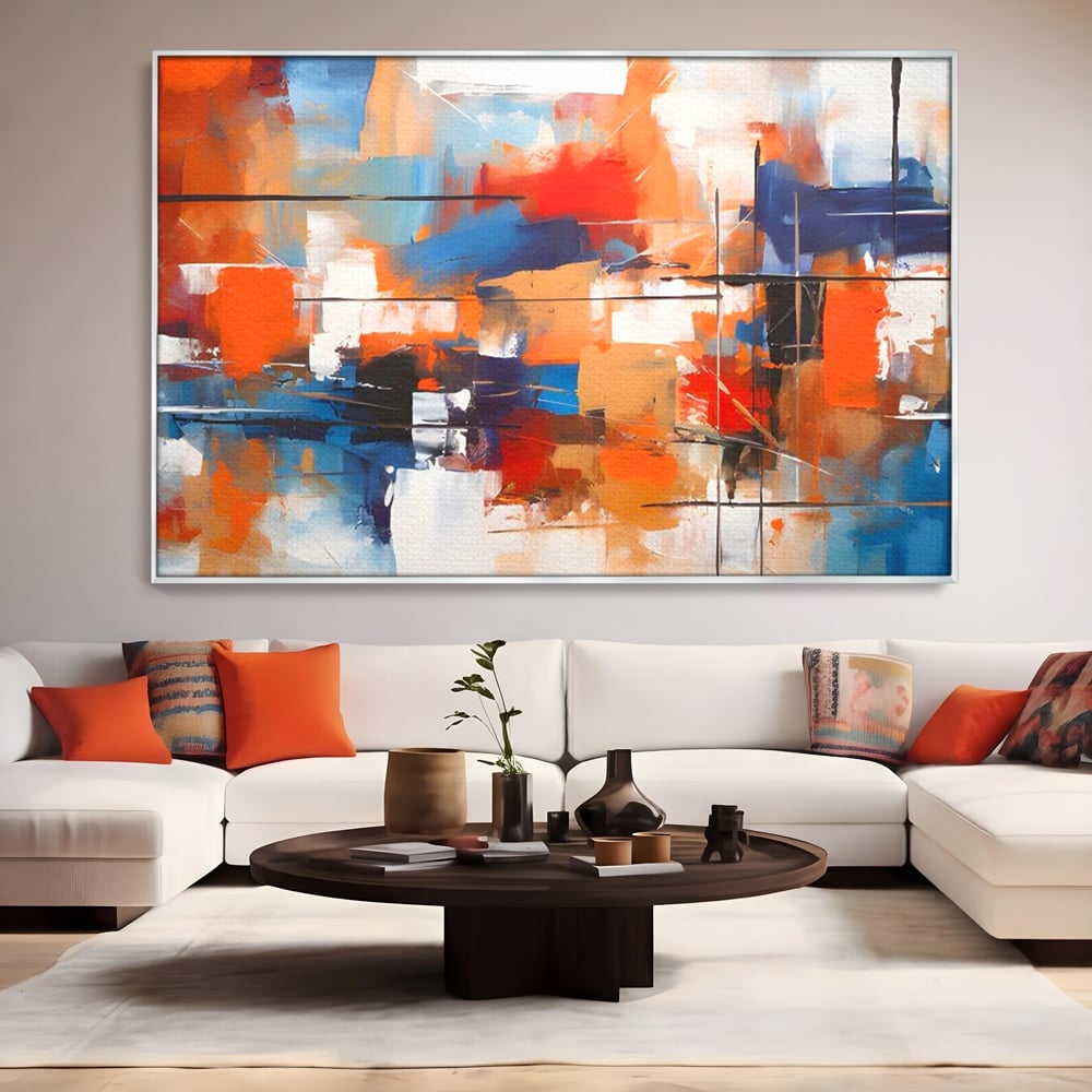 Tablou canvas cu tablou canvas pictura abstracta multicolora, in rama de aluminiu argintiu, pe perete intr-un living