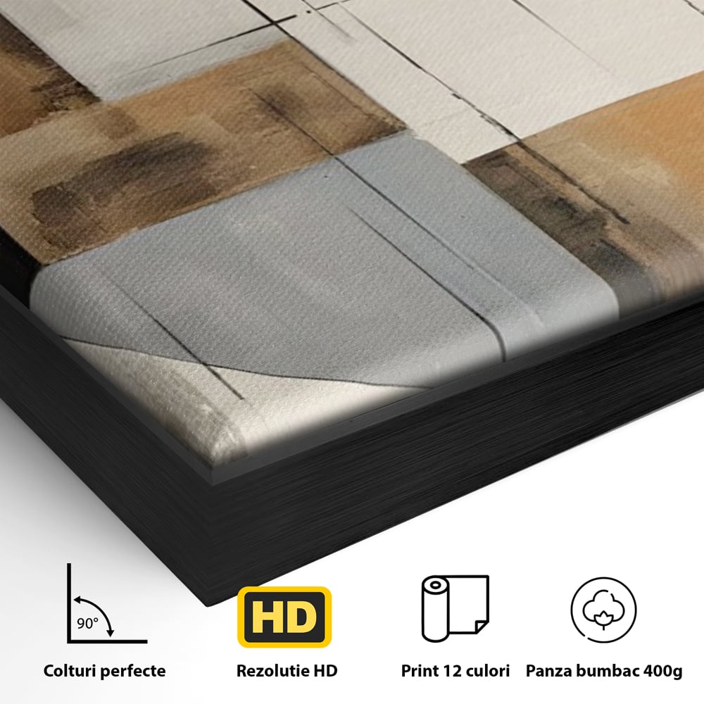 Detaliu al suprafetei: pictura canvas cu linii negre si forme geometrice, in rama de aluminiu negru