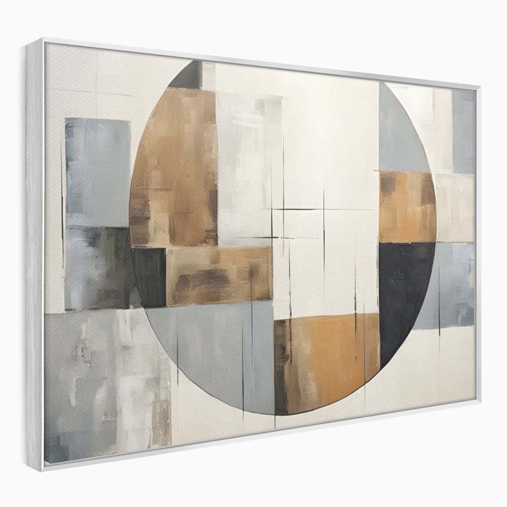 Tablou canvas cu pictura canvas cu linii negre si forme geometrice, in rama de aluminiu argintiu