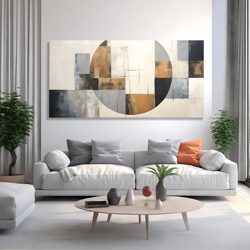 Tablou canvas cu pictura canvas cu linii negre si forme geometrice, fara rama, pe sasiu de lemn, pe perete intr-un living