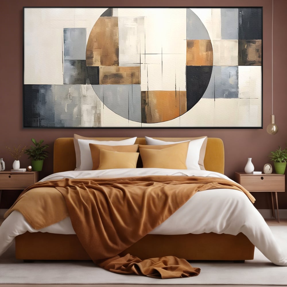 Tablou canvas cu pictura canvas cu linii negre si forme geometrice, in rama de aluminiu negru, pe perete intr-un dormitor