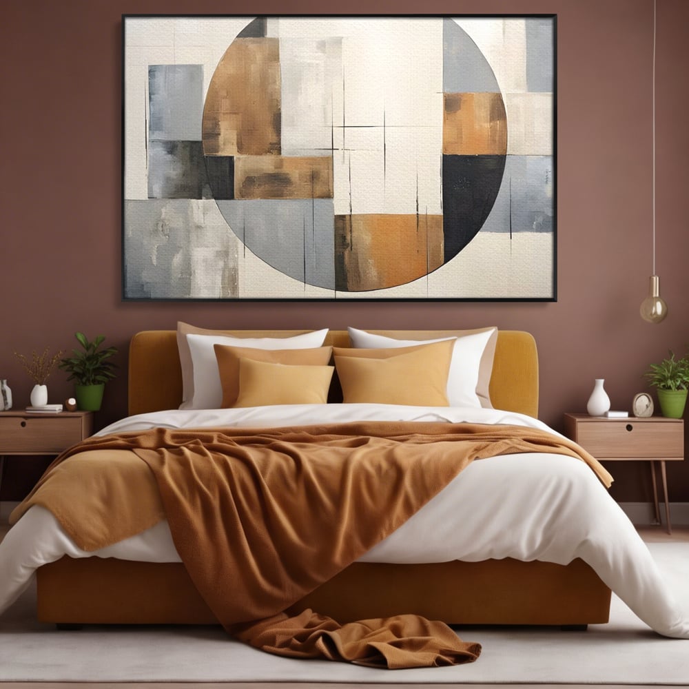 Tablou canvas cu pictura canvas cu linii negre si forme geometrice, in rama de aluminiu negru, pe perete intr-un dormitor