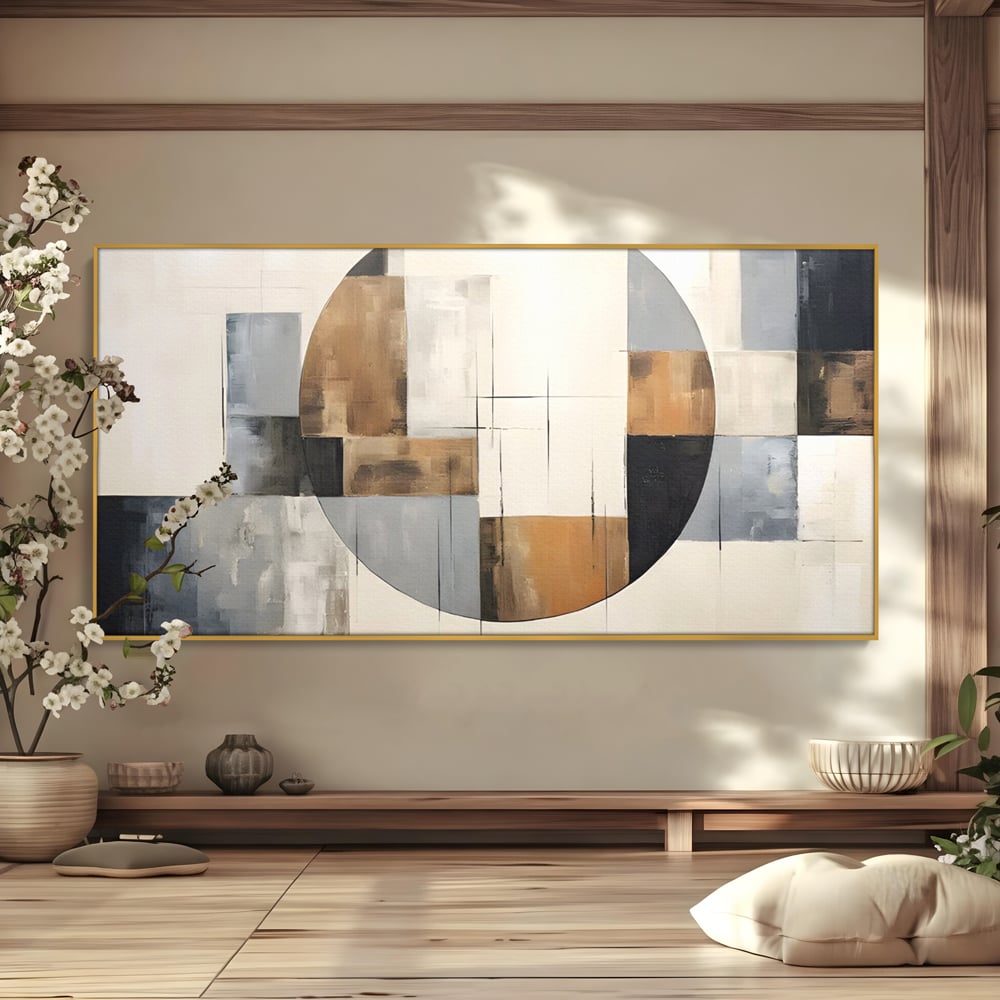 Tablou canvas cu pictura canvas cu linii negre si forme geometrice, in rama de aluminiu auriu