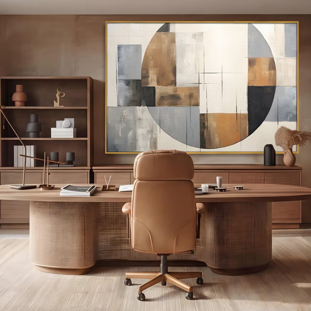Tablou canvas cu pictura canvas cu linii negre si forme geometrice, in rama de aluminiu auriu, pe perete intr-un birou