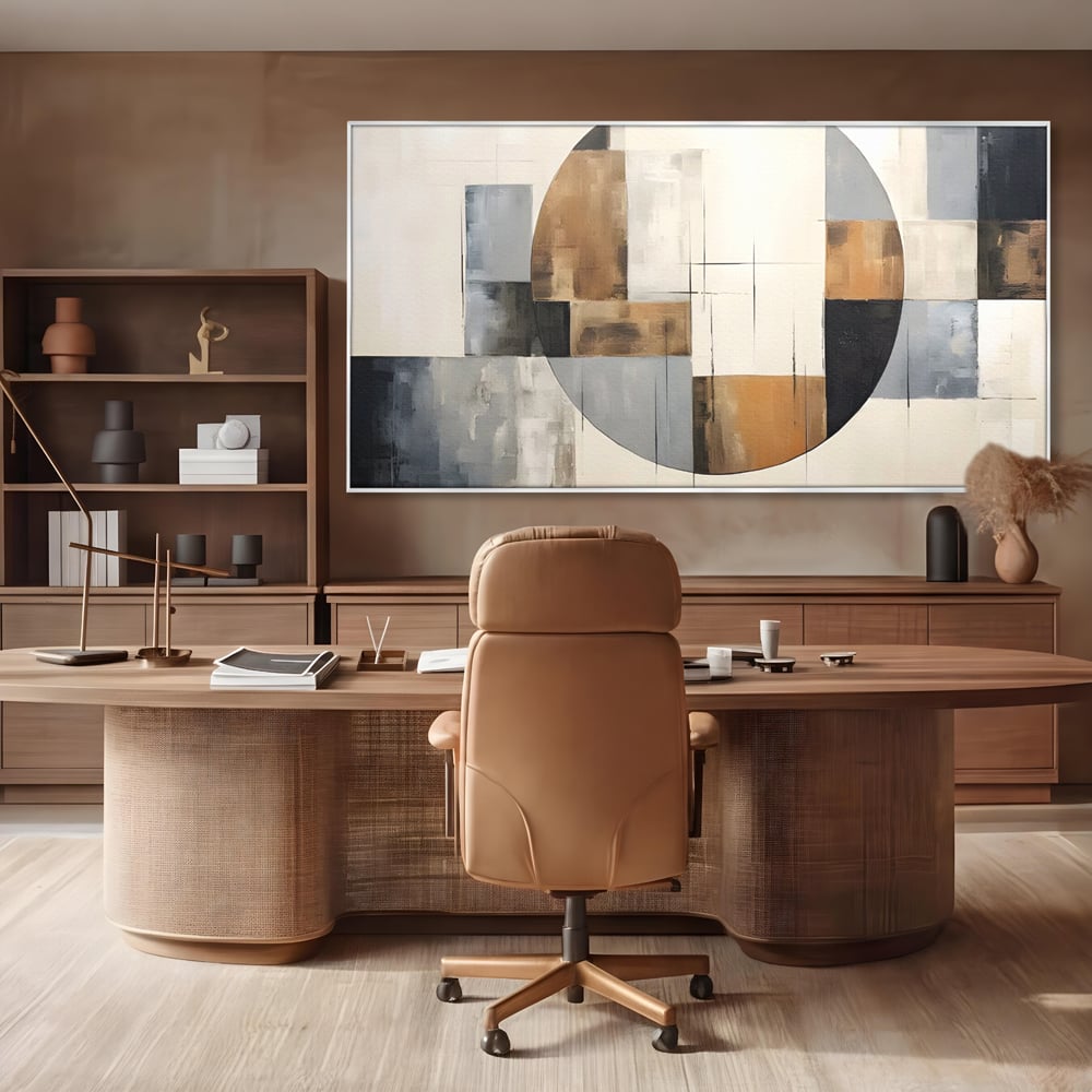 Tablou canvas cu pictura canvas cu linii negre si forme geometrice, in rama de aluminiu argintiu, pe perete intr-un birou