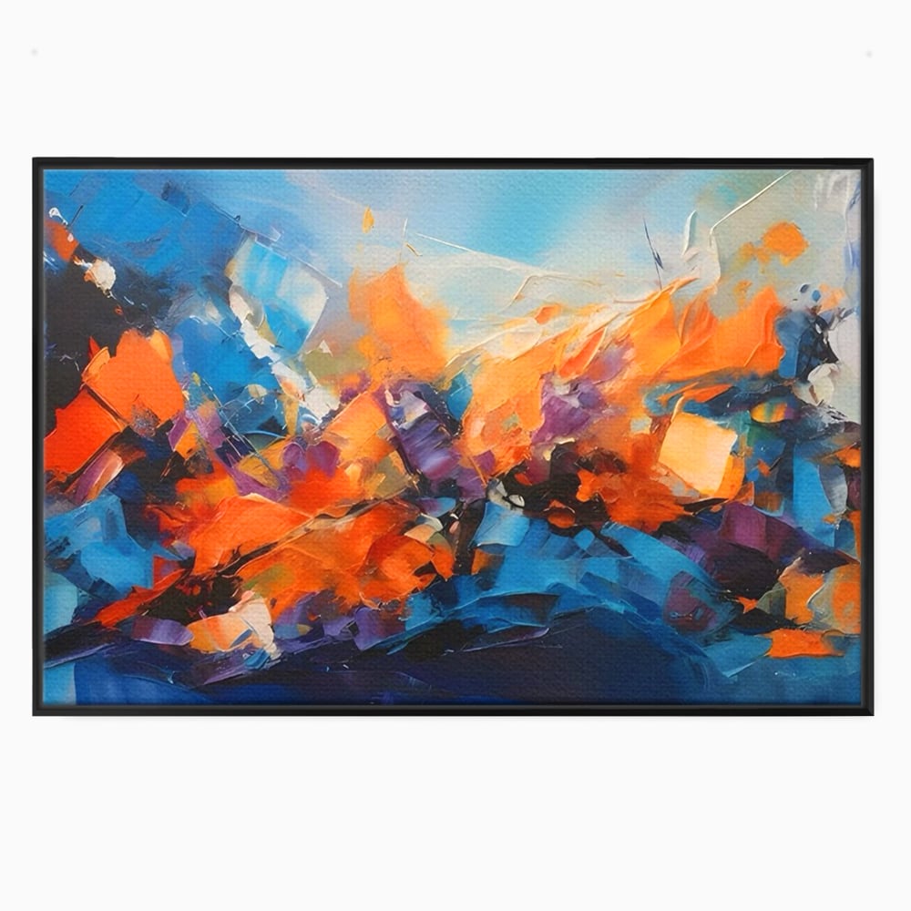 Tablou canvas cu pictura abstracta cu pete portocalii, in rama de aluminiu negru
