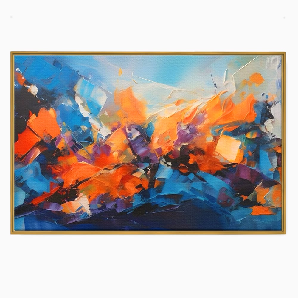 Tablou canvas cu pictura abstracta cu pete portocalii, in rama de aluminiu auriu