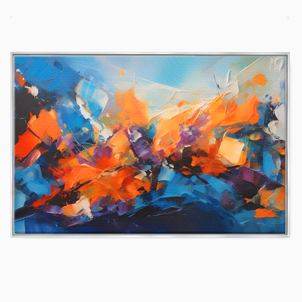 Tablou canvas cu pictura abstracta cu pete portocalii, in rama de aluminiu argintiu