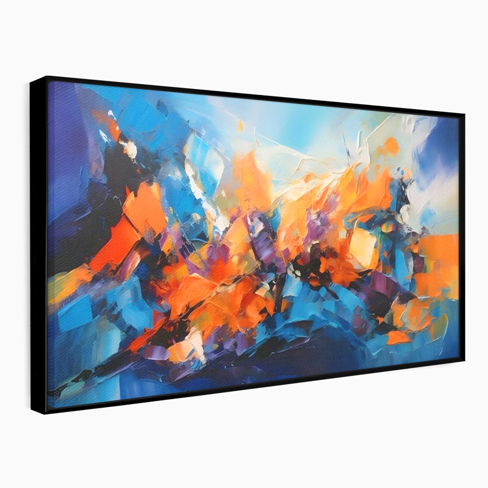 Tablou canvas cu pictura abstracta cu pete portocalii, in rama de aluminiu negru