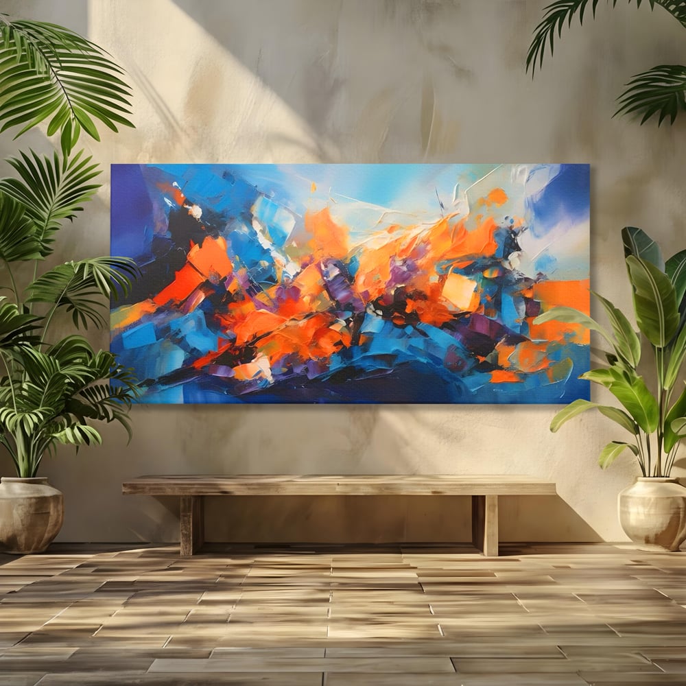 Tablou canvas cu pictura abstracta cu pete portocalii, fara rama, pe sasiu de lemn