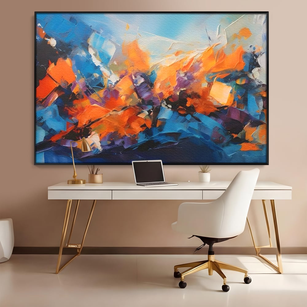 Tablou canvas cu pictura abstracta cu pete portocalii, in rama de aluminiu negru, pe perete intr-un birou