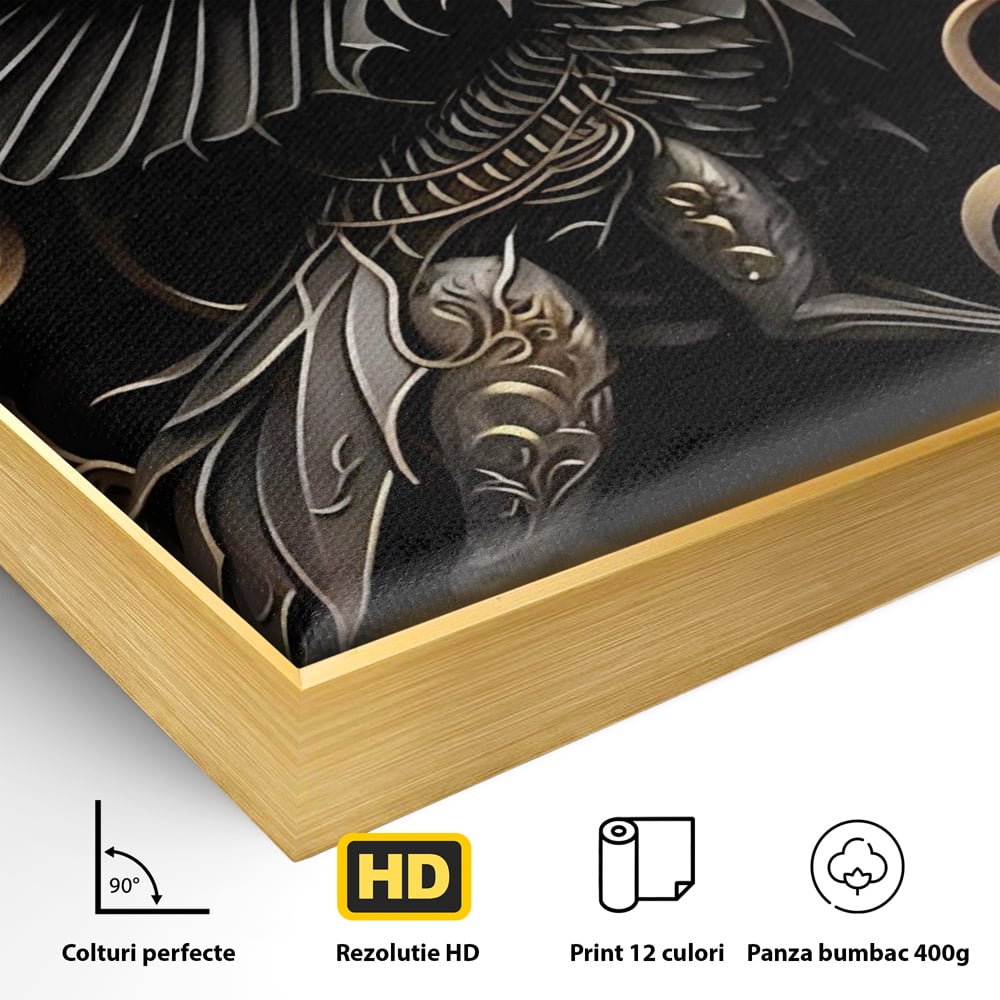 Detaliu al suprafetei: ilustratie digitala cu dragon mitic, in rama de aluminiu auriu