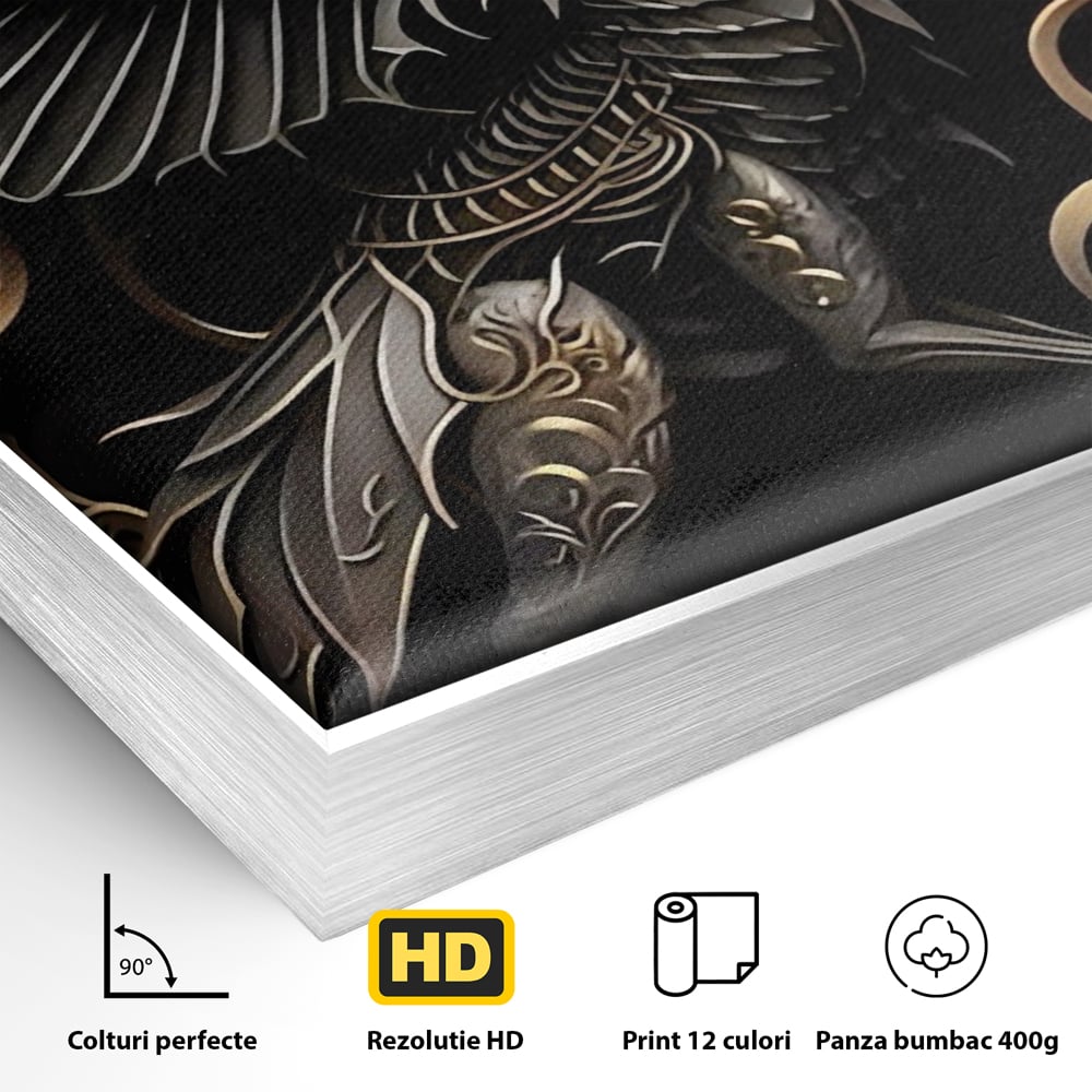 Detaliu al suprafetei: ilustratie digitala cu dragon mitic, in rama de aluminiu argintiu