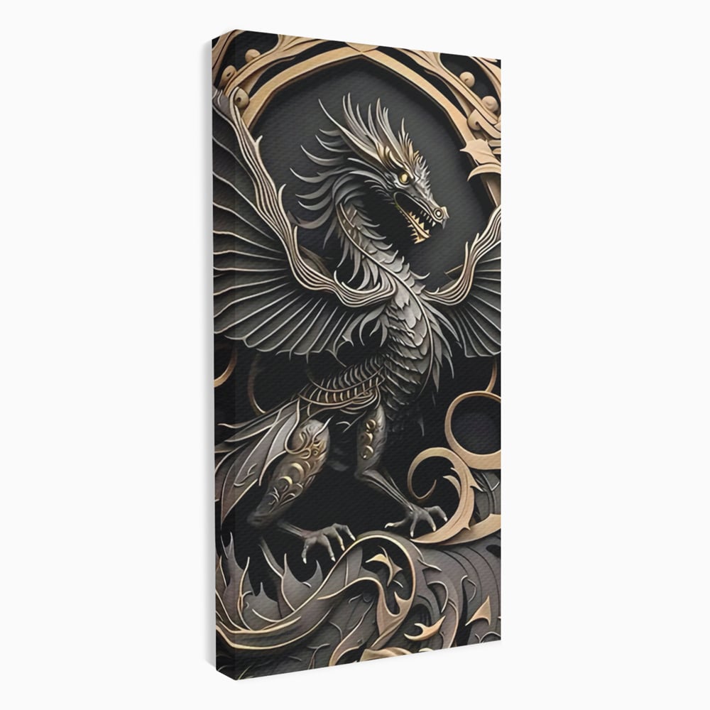Tablou canvas cu ilustratie digitala cu dragon mitic, fara rama, pe sasiu de lemn
