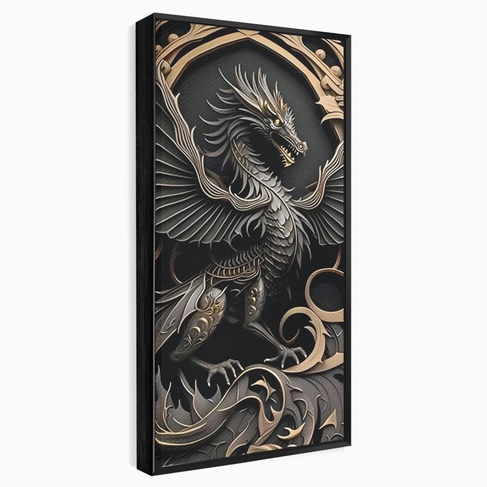 Tablou canvas cu ilustratie digitala cu dragon mitic, in rama de aluminiu negru