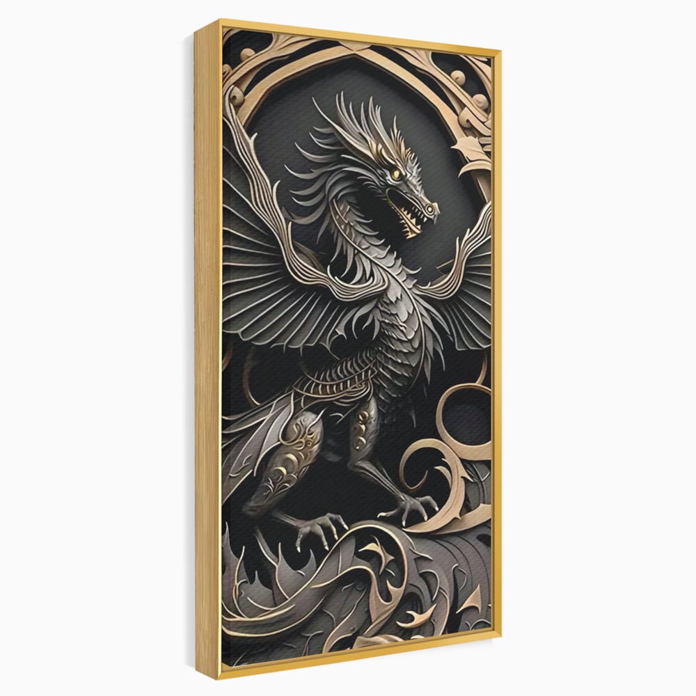 Tablou canvas cu ilustratie digitala cu dragon mitic, in rama de aluminiu auriu