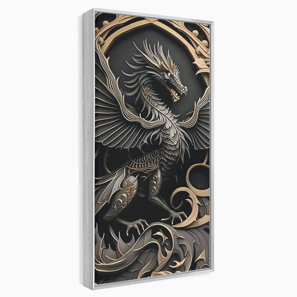 Tablou canvas cu ilustratie digitala cu dragon mitic, in rama de aluminiu argintiu