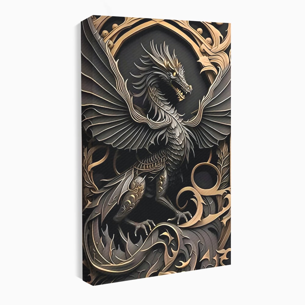 Tablou canvas cu ilustratie digitala cu dragon mitic, fara rama, pe sasiu de lemn