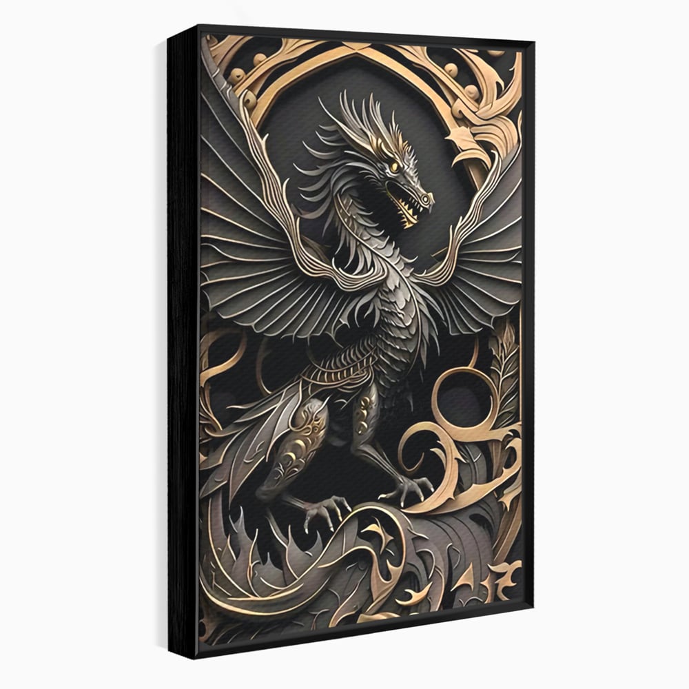 Tablou canvas cu ilustratie digitala cu dragon mitic, in rama de aluminiu negru
