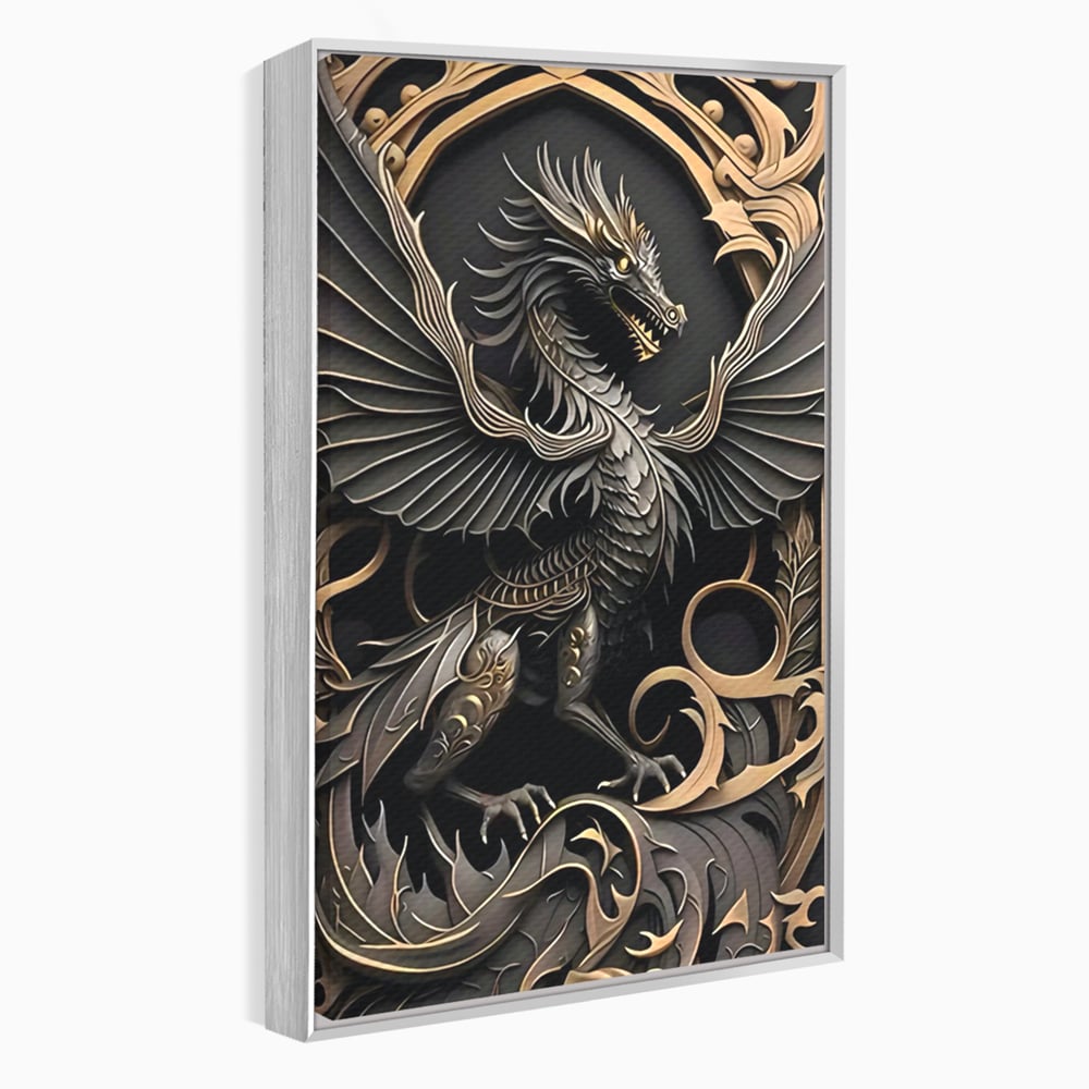 Tablou canvas cu ilustratie digitala cu dragon mitic, in rama de aluminiu argintiu